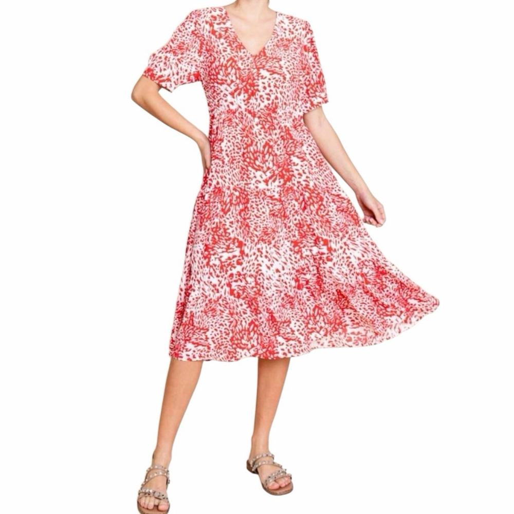 Jodifl Womens Large Animal Print Dress V Neck Pockets Lined Red White NWT - Picture 7 of 14